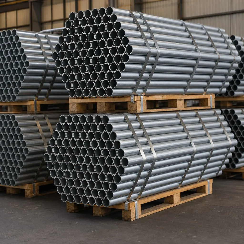 Hot-dip galvanized 48.3 mm scaffolding tubes packed in hexagonal export bundles on timber pallets