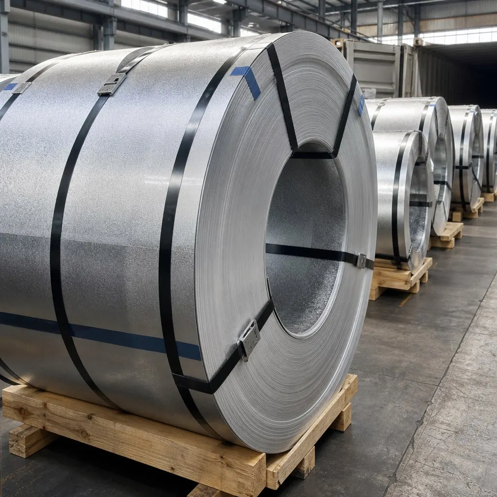Galvanized steel coils strapped and palletized for export shipment