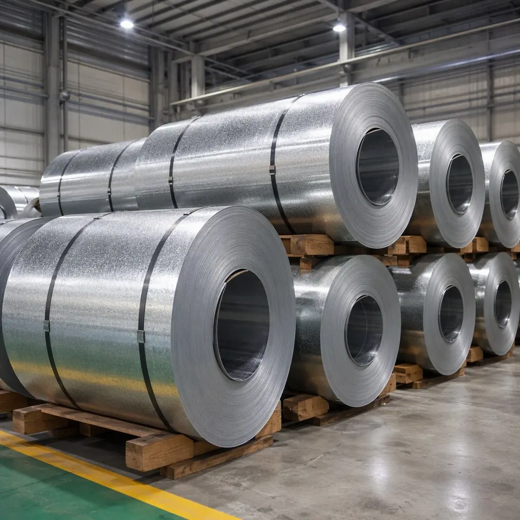 Galvanized steel coils stored in a warehouse ready for export to the UAE