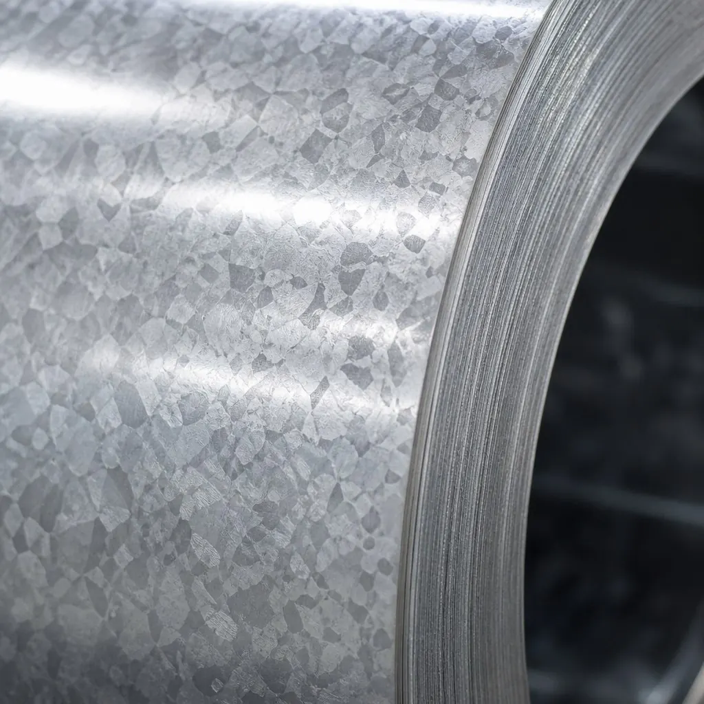 Close-up of the zinc coating surface on a galvanized steel coil