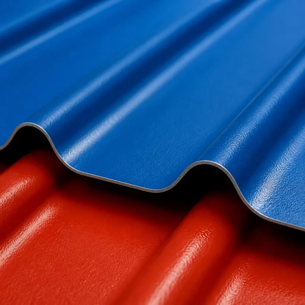 Blue and red colour-coated roofing sheet corrugation profile detail
