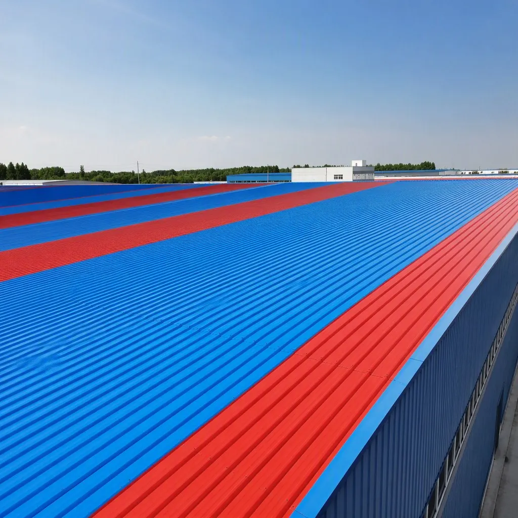 Blue and red colour-coated roofing sheets installed on a building roof