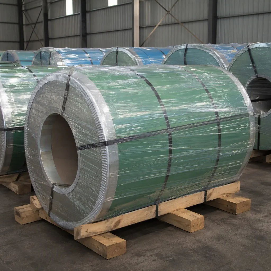 Pre-painted galvanized steel coils strapped for export shipment from China
