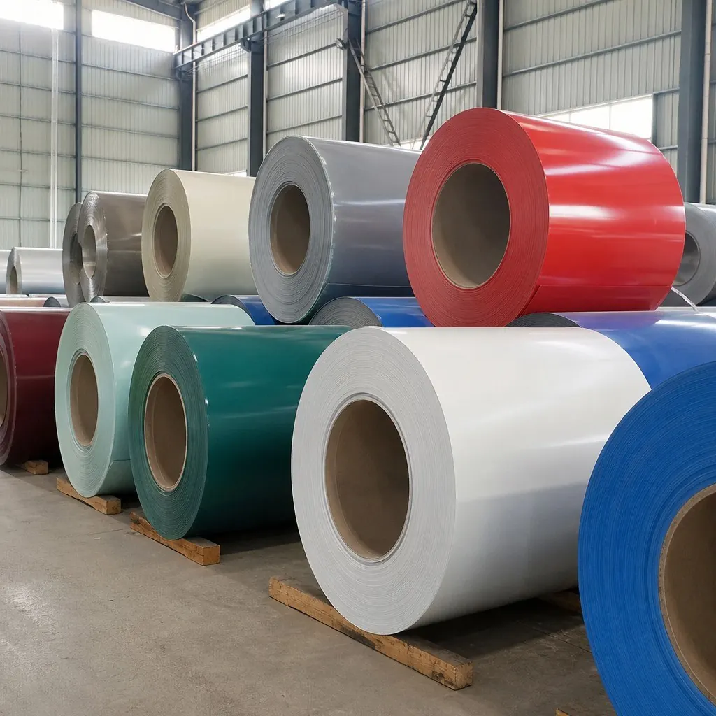 Pre-painted galvanized (PPGI) steel coils stored in a warehouse for export to the Gulf