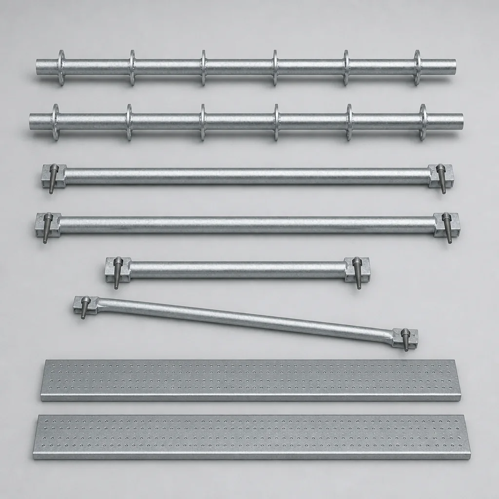 Technical illustration: the loose components of a kwikstage system — standards with welded star clips, ledgers and transoms with wedge-pin ends, a diagonal brace and plain-ended steel stage boards