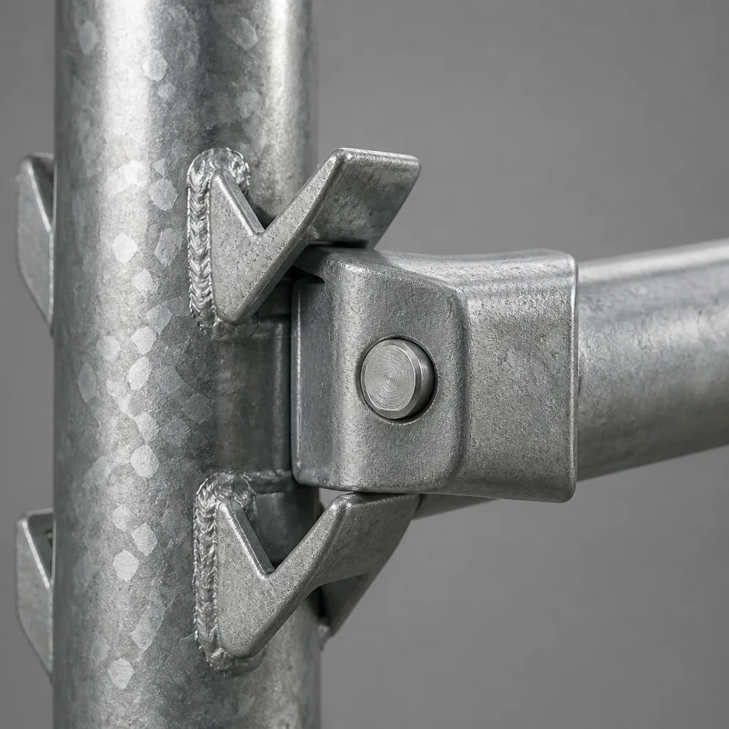 Technical illustration: the star-clip connection on a kwikstage standard — V-shaped clips welded to the galvanized tube with a ledger end seated and locked by a wedge pin