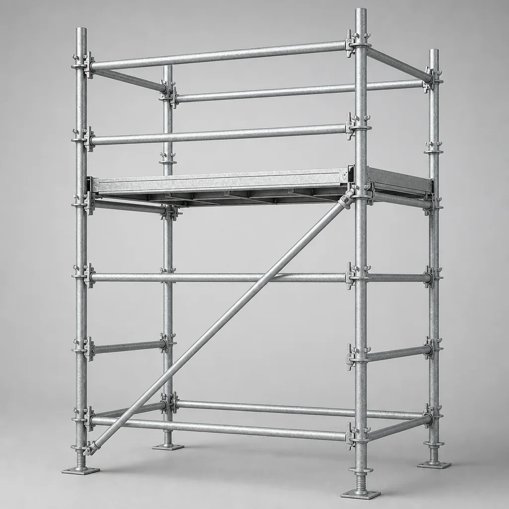 Technical illustration: an erected kwikstage scaffolding bay with galvanized standards, ledgers and transoms, steel stage boards and a diagonal brace